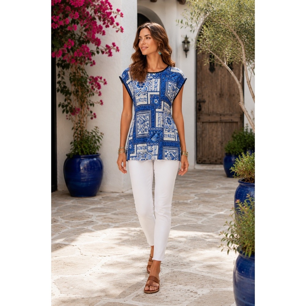Johnny Was Workshop Starling Blue‎ White Patchwork Dolman Tunic Small